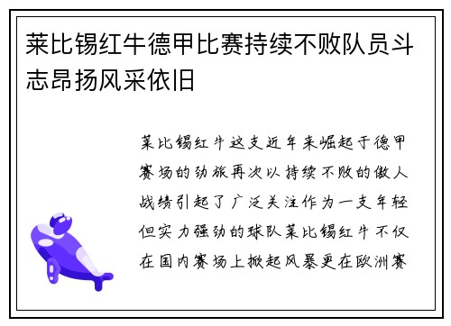 莱比锡红牛德甲比赛持续不败队员斗志昂扬风采依旧
