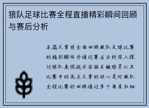 狼队足球比赛全程直播精彩瞬间回顾与赛后分析